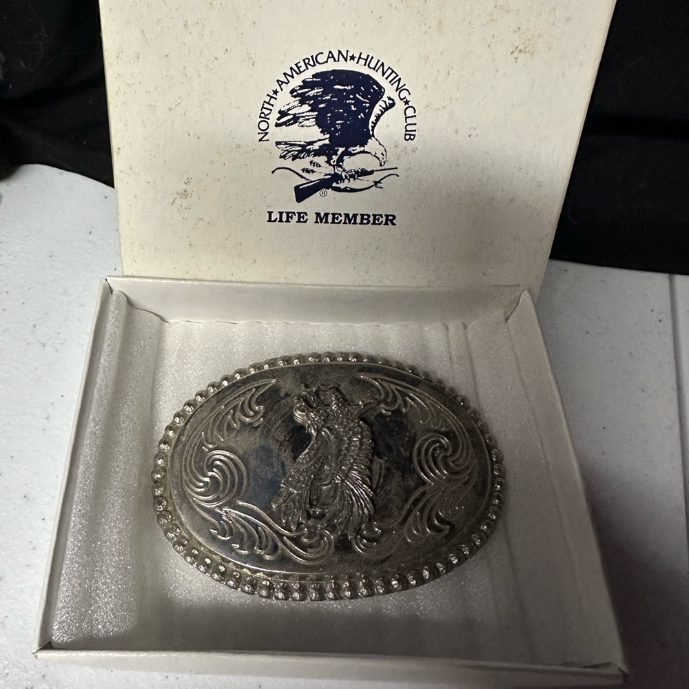 North American hunting club life member belt buckle